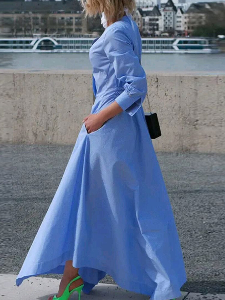 Solid Color V-neck Back Zipper Long Sleeve Pleating Maxi Shirt Dress