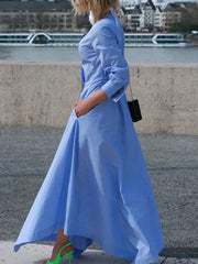 Solid Color V-neck Back Zipper Long Sleeve Pleating Maxi Shirt Dress