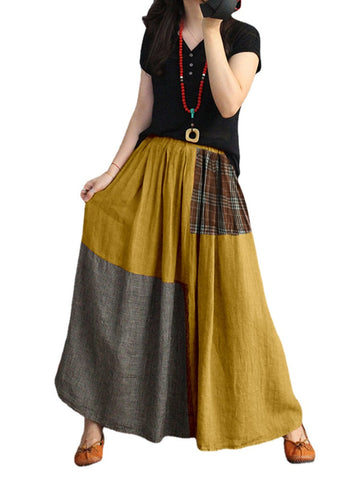 Women Plaid Patchwork Elastic Waist Swing Skirt With Pocket