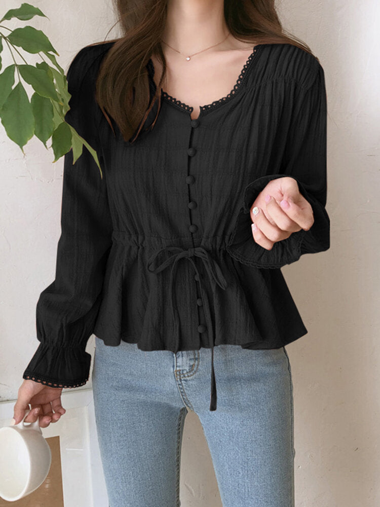 Solid Drawstring Flounce Sleeve Button V-neck Blouse