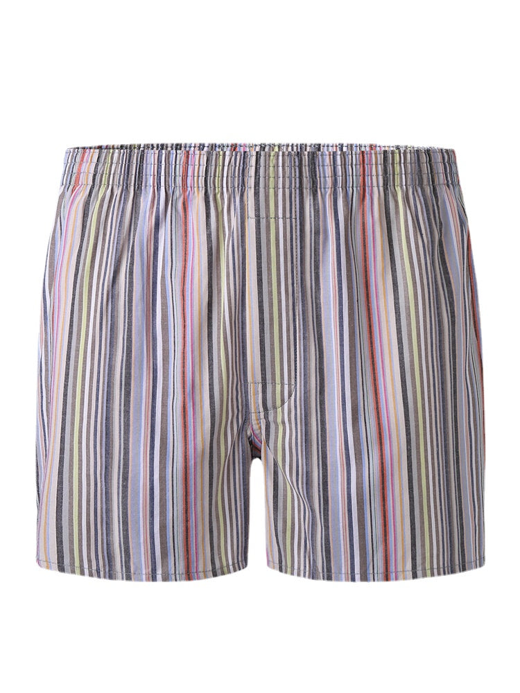 Mens 100% Cotton Colorful Striped Print Loose Fit Elastic Waist Breathable Home Boxers
