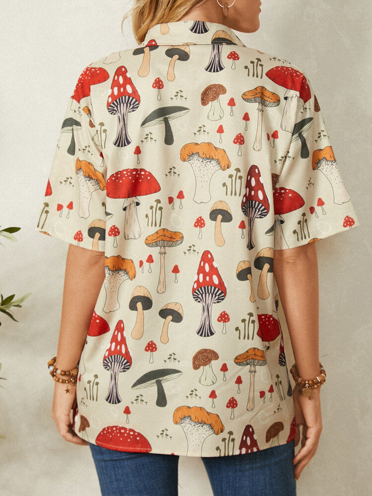 Casual Mushroom Print Lapel Collar Half Sleeve Button Blouse For Women