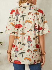 Casual Mushroom Print Lapel Collar Half Sleeve Button Blouse For Women