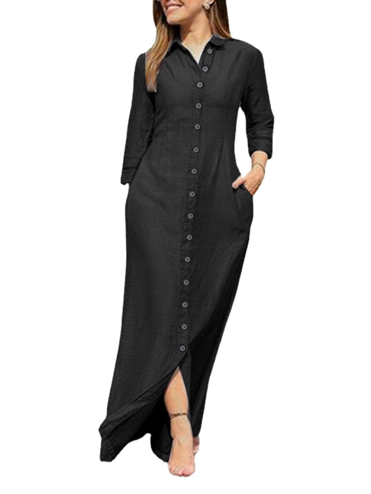 Women's Jean Solid Button Long Sleeve Solid Ankle-Length Dress