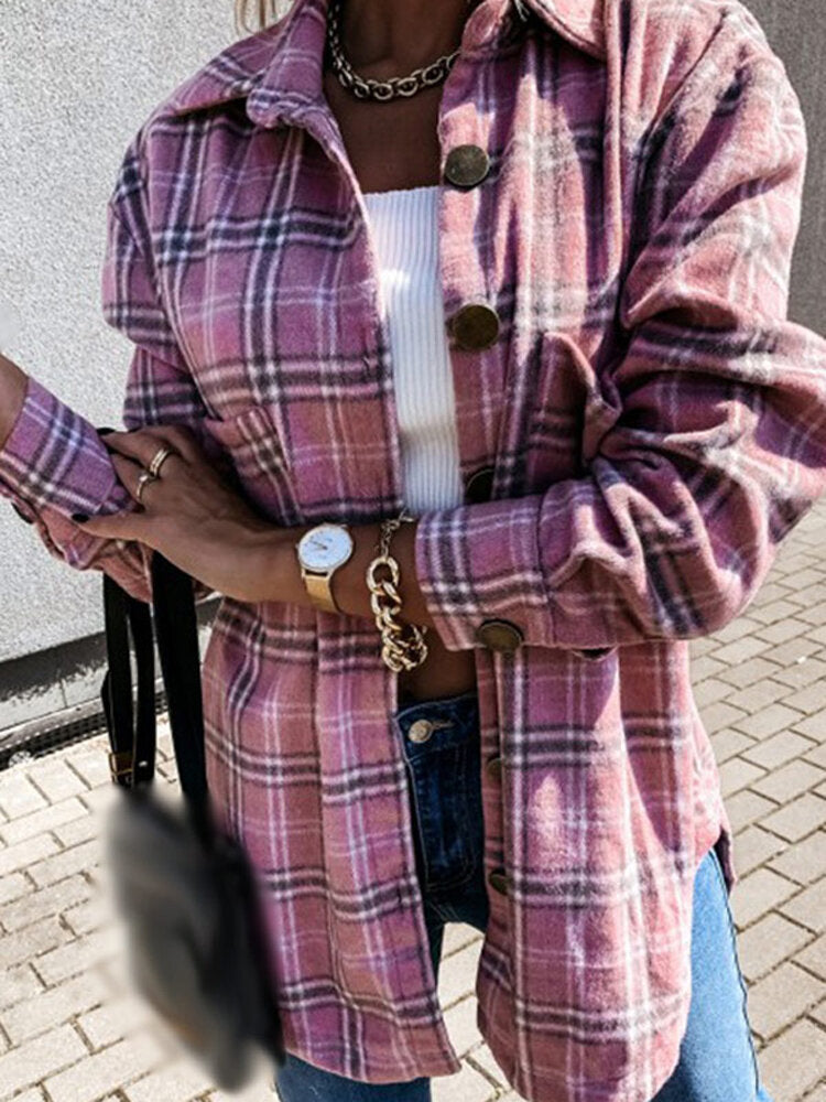Women Plaid Button Front Lapel Casual Long Sleeve Shirt Coats