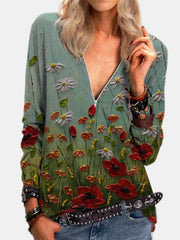 Women Flower Print V-Neck Zip Casual Long Sleeve Vintage Blouses