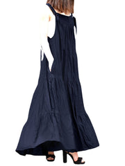 Solid Pleated Pocket Ruffle Knotted Casual Maxi Dress