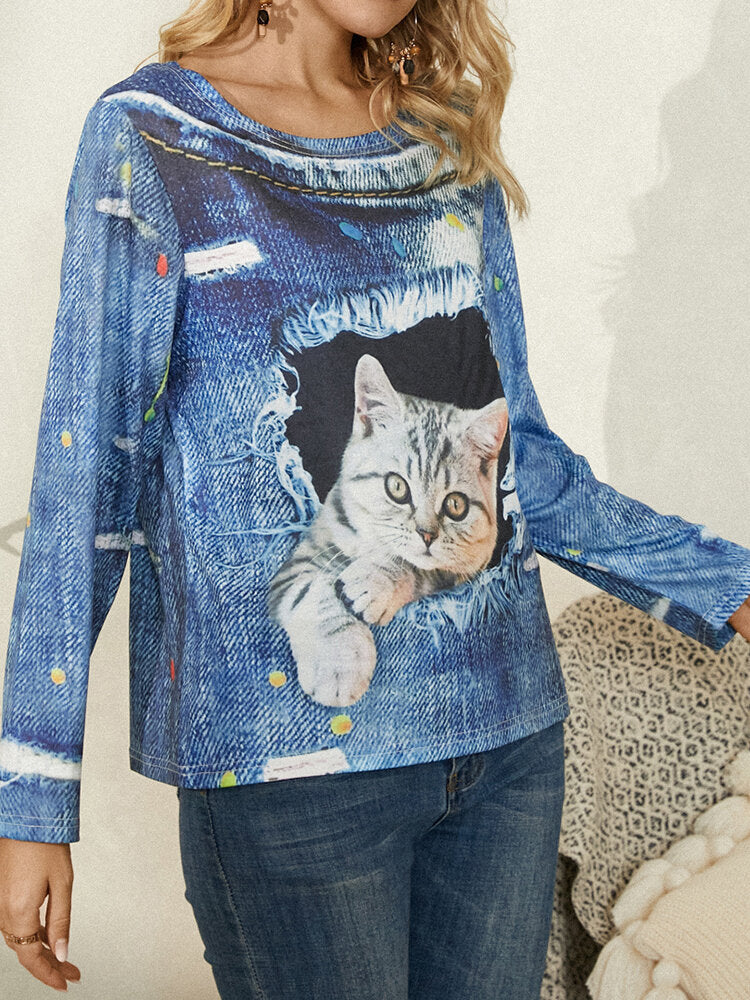 Women Cat Print Round Neck Casual Long Sleeve Blouses