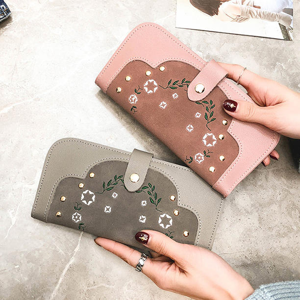 Women Dull Polish PU Leather Flower Pattern Long Wallet Card Holder Purse
