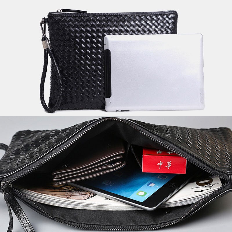 Unisex Faux Leather Woven Pattern Solid Color Business A4 Paper File Bag Envelope Clutch