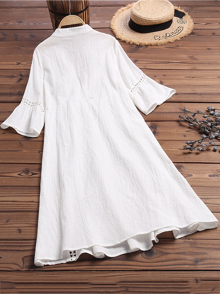 Women Short Sleeve V-neck Lace Hollow Solid Casual Dress
