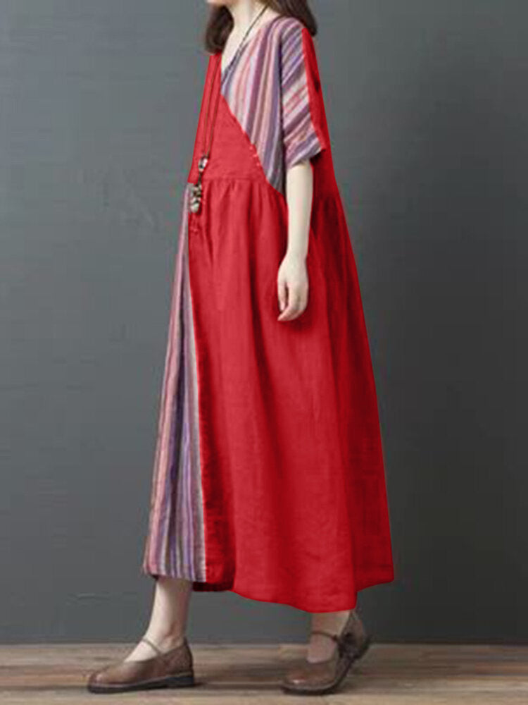 Stripe Patchwork V-neck Half Sleeve Pocket Vintage Maxi Dress