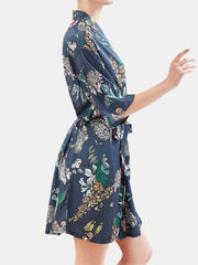 Plus Size Women Floral Print Half Sleeve Faux Silk Smooth Sleepwear Robes