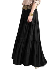 Solid Color Big Swing Elastic Waist Pleated Casual Long Skirt For Women