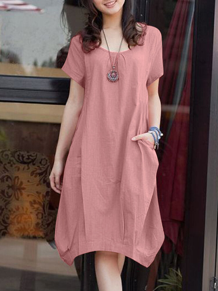 Solid Pocket Ruched Round Neck Short Sleeve Midi Dress