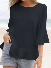 Cotton Solid Ruffle Round Neck Casual Blouse