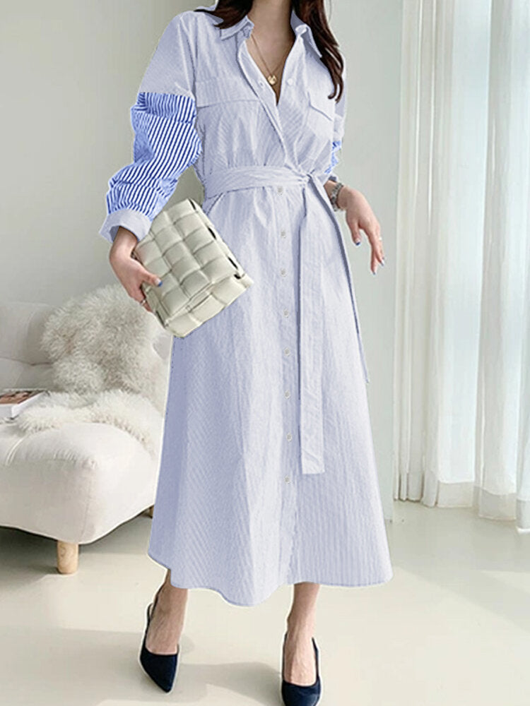 Stripe Contrast Color Pocket Belt Button Down Shirt Dress