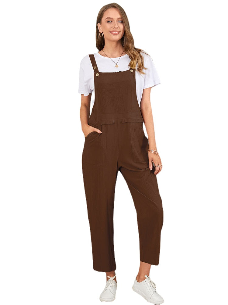 Solid Pocket Sleeveless Button Casual Jumpsuit For Women