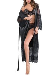 Lace Patchwork Long Sleeve Silky Charming Maxi Nightgown with Belt