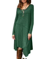 Women Solid Color Long Sleeve Asymmetrical Hem Casual Dresses