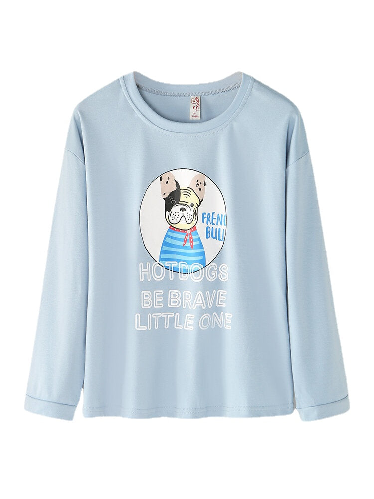 Women's Cartoon Animal Print Pajama Set - Pullover & Elastic Waist Pants