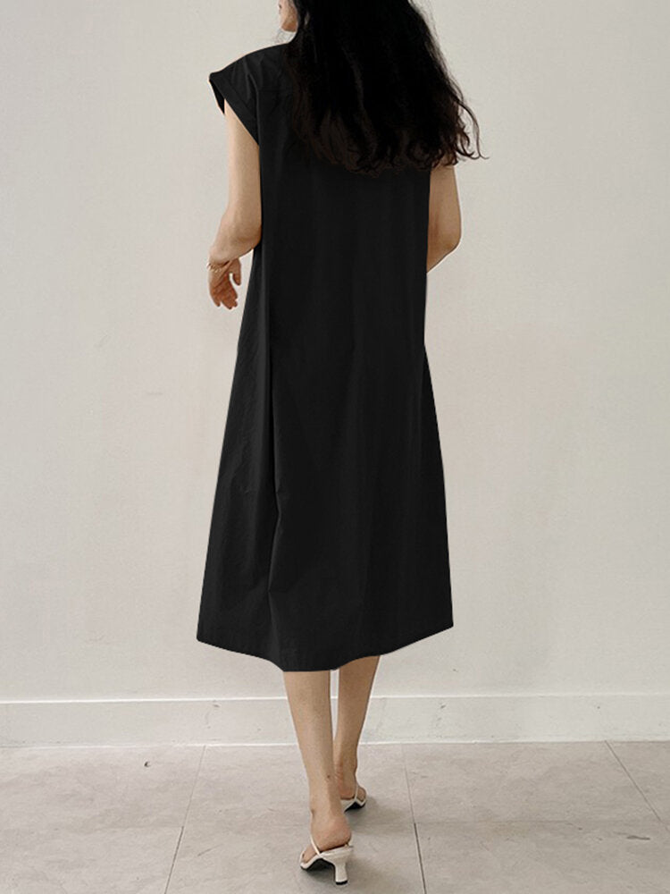 Solid V Neck Short Sleeve Midi Casual Dress