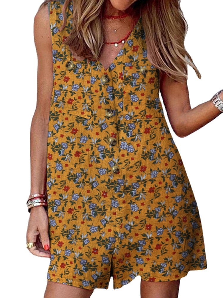 Leisure Calico Button Pocket Sleeveless V Neck Cotton Romper