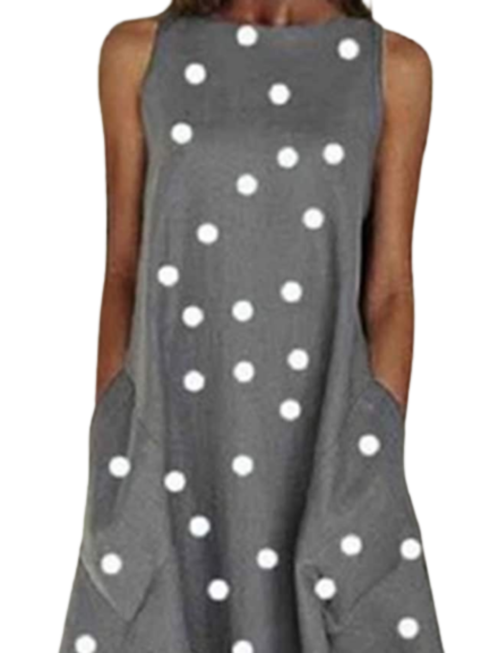 Women's Sleeveless Polka Dot Print Crew Neck Dress With Pocket