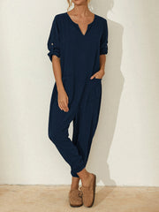 Solid Color Long Sleeve Notched Collar Pocket Loose Jumpsuit For Women