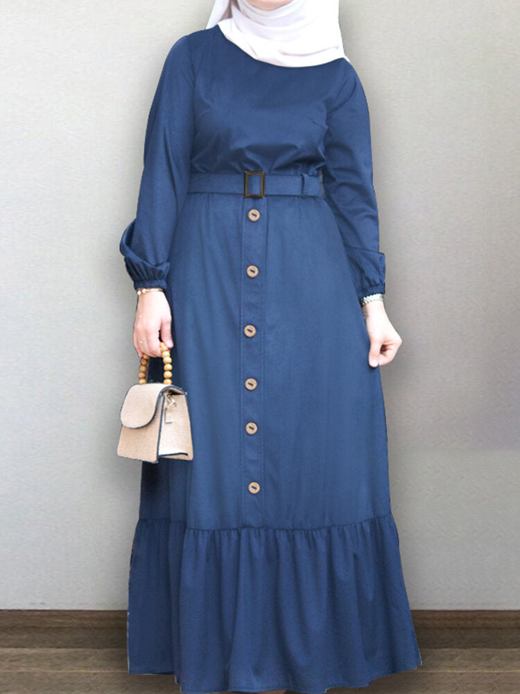 Women Ruffle Hem Solid Color Button Belted Casual Long Sleeve Maxi Dress