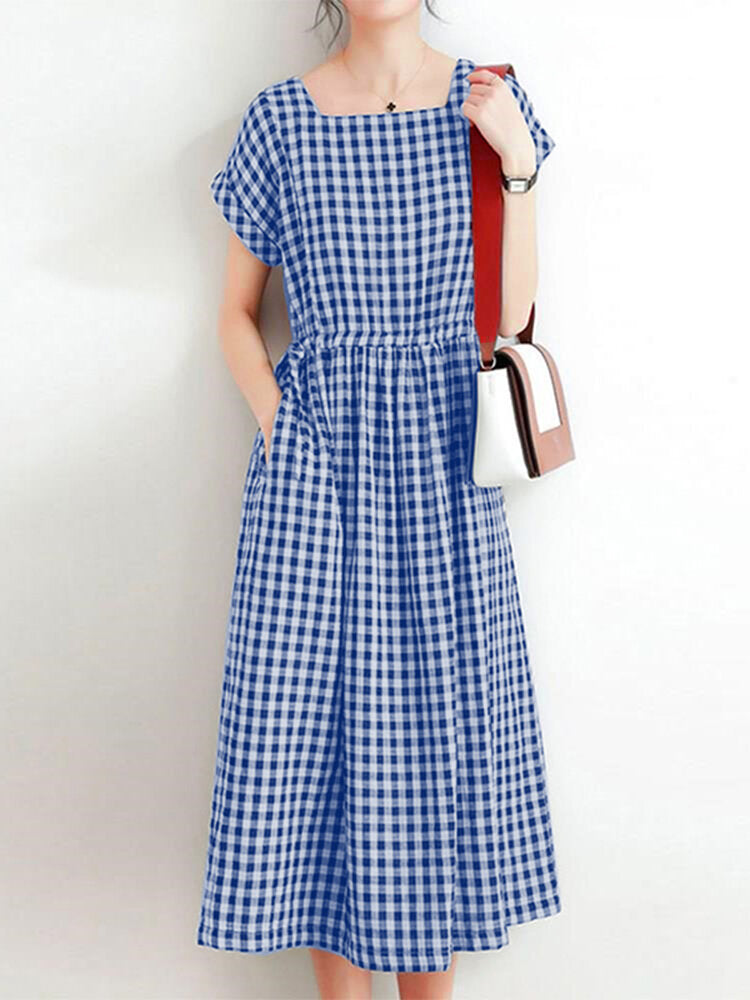 Women Squre Neck Plaid Calf Length Side Pockets Casual Midi Dresses