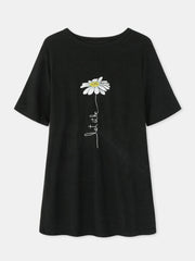 Women Daisy Embroidery Round Neck Casual Short Sleeve T-Shirts