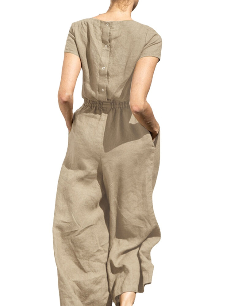 Solid Pocket Elastic Waist Short Sleeve Casual Cotton Jumpsuit