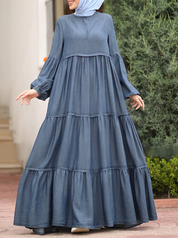 Women Layered Pleats Solid Color Puff Casual Long Sleeve Bohemian Maxi Dress