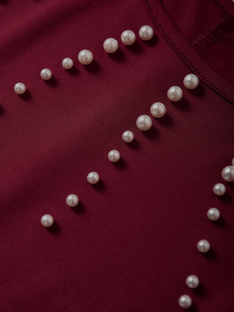 Elegant Pearl Details Round Neck Long Sleeves Mini Dress