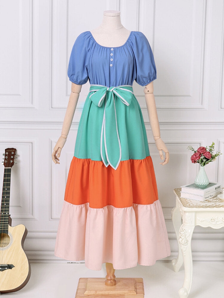 Women Puff Sleeve U-Neck Pleated Spliced Patchwork Casual Elegant Maxi Loose Dress