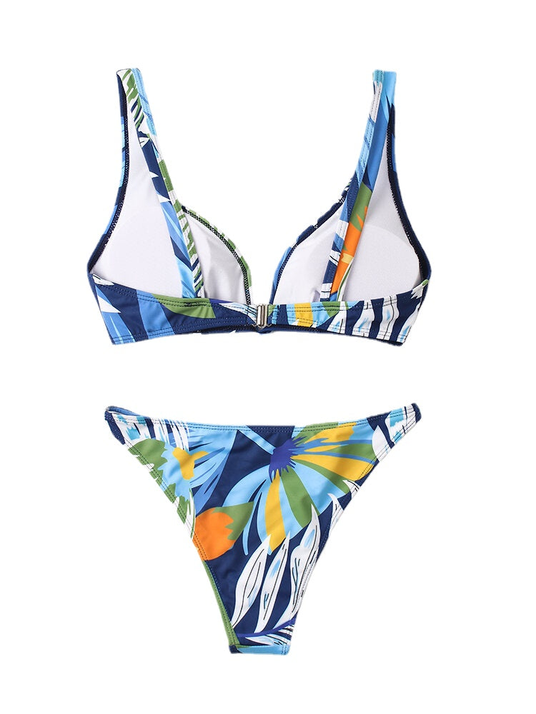 Women Abstract Print Wireless Back Closure Low Waist Bikini Backless Swimwear