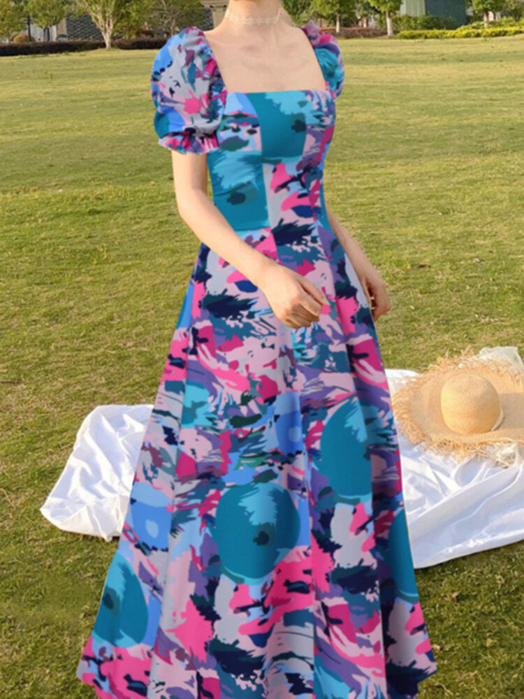 Floral Puff Sleeve Zipper Pleated Maxi Dress For Women