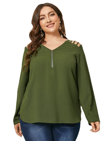 Plus Size V-neck Cut Out Zip Front Long Sleeves Blouse