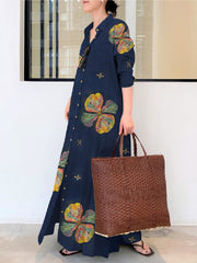 Women Flower Print Button Up Casual Long Sleeve Maxi Shirt Dresses With Pocket