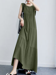 Solid Color O-neck Sleeveless Ruffles Hem Pleated Maxi Dress