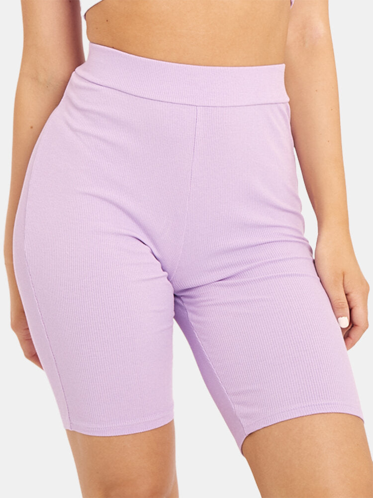 Women Solid Color High Waist Elastic Sport Fitness Shorts