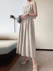 Solid Button Pocket Drawstring Show Waist Sleeveless Maxi Dress