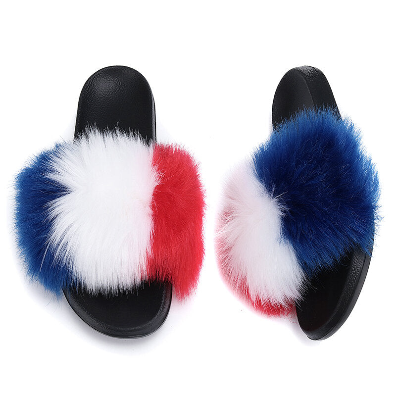 Women Fur Plush Fuzzy Furry Sliders Slippers Sandals Flip Flops Flat Shoes