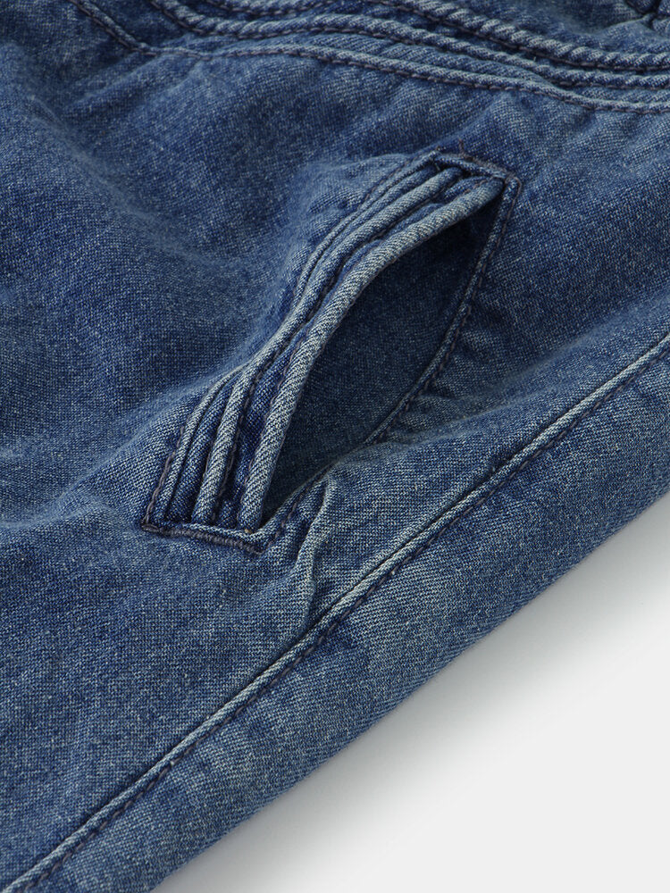 Women Distressed Solid Color Elastic Waist Loose Denim Skirt With Pocket