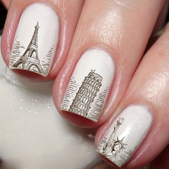 24pcs Matte Eiffel Tower Design Short Square Fake Nails, Full Cover Set for Parties & Daily Wear