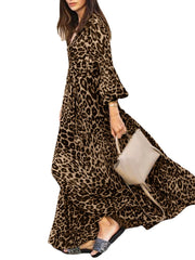 Leopard Print V-Neck Puff Sleeve Lace-Up Maxi Dress For Women