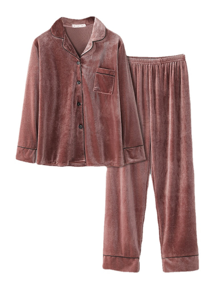 Women Plus Size Velvet Lapel Button Loose Straight Pants Homewear Lounge Solid Pajamas Set