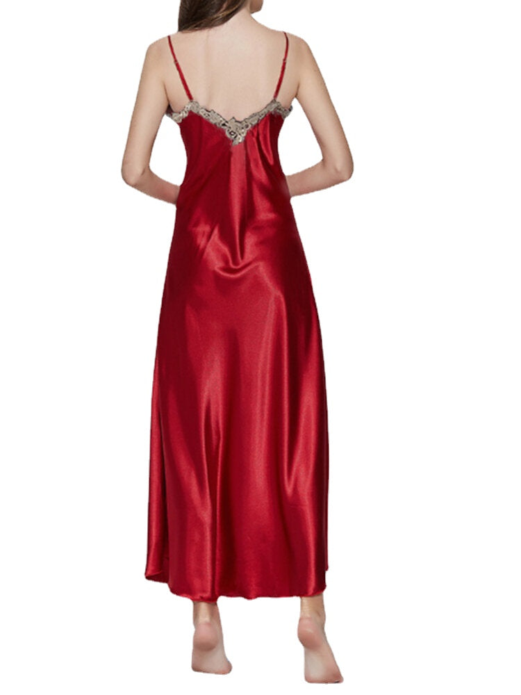 Women's V-Neck Sleeveless Solid Casual Lace Satin Nightgowns Robe Dress