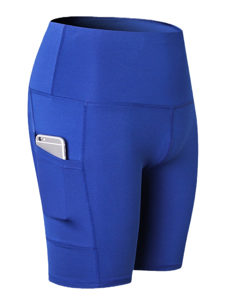 Women Solid Color Quick Dry Yoga Sport High Elastic Shorts With Side Pocket